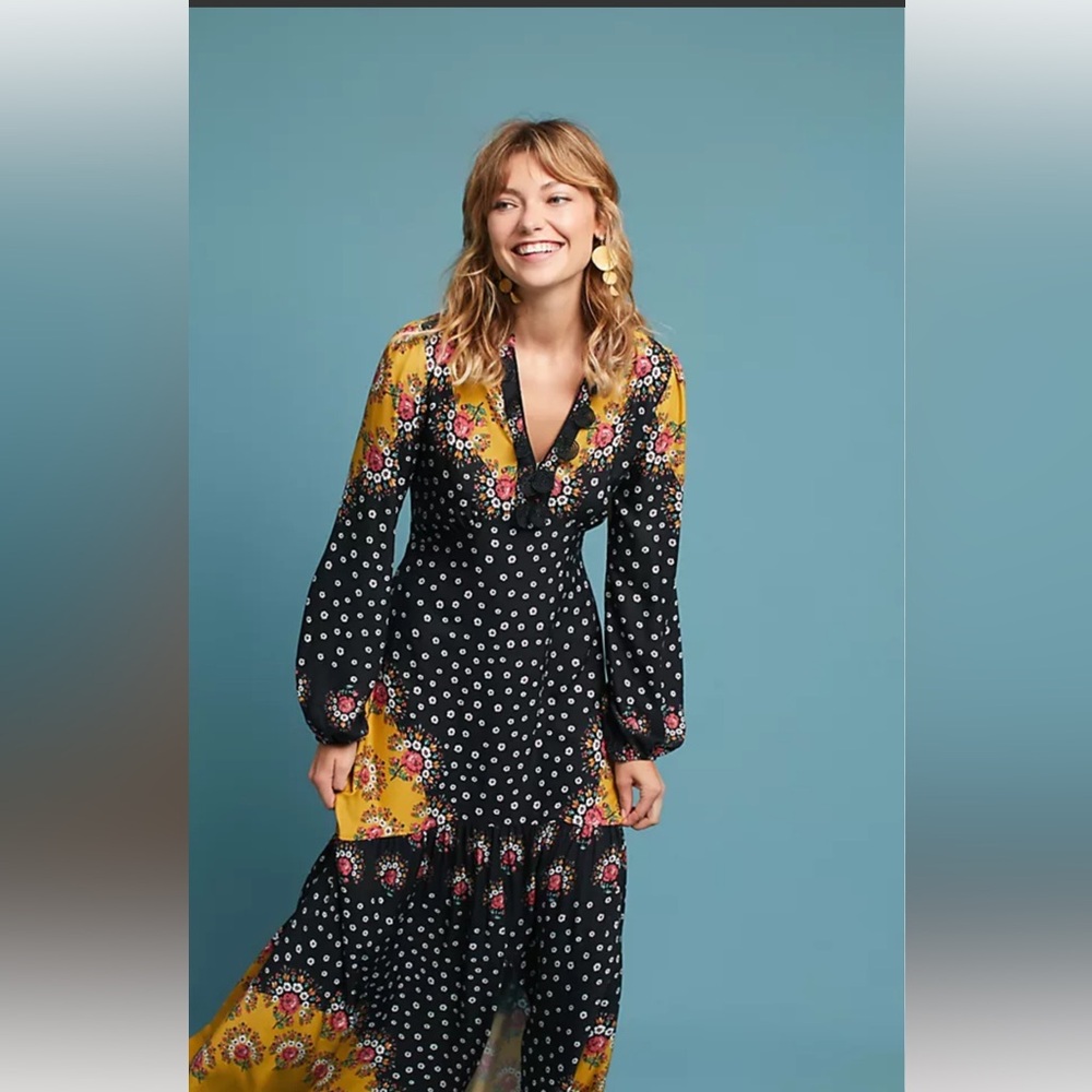 FARM Rio Black and Yellow Floral Polka Dot Maxi Dress